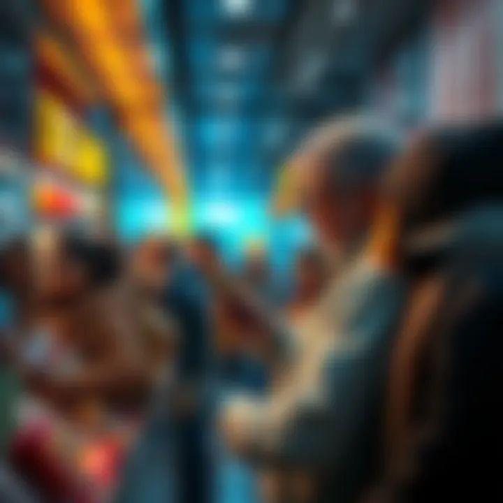 A group of people making purchases at a store using Solana cryptocurrency with a mobile app