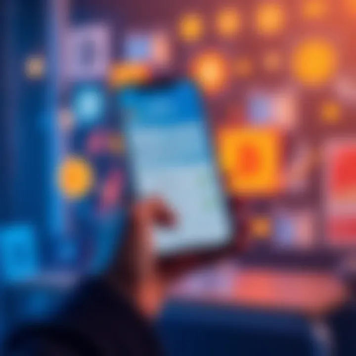A person using a smartphone displaying a Solana wallet app with payment options. Background shows digital currency symbols and shopping elements.