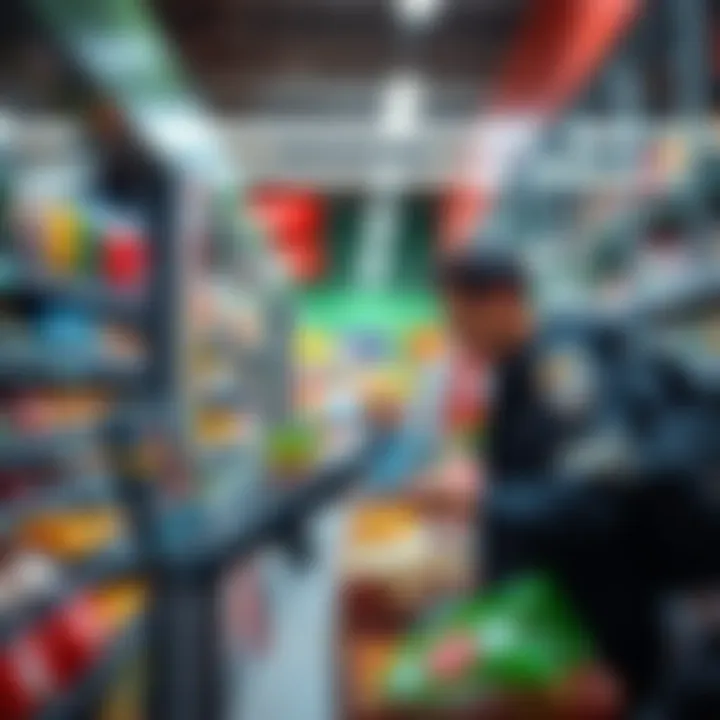 A person using SolCard at a grocery store checkout, paying with a digital wallet on their phone.