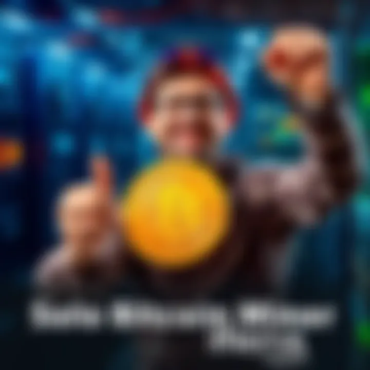 A happy miner holding a gold Bitcoin symbol with a digital mining setup in the background