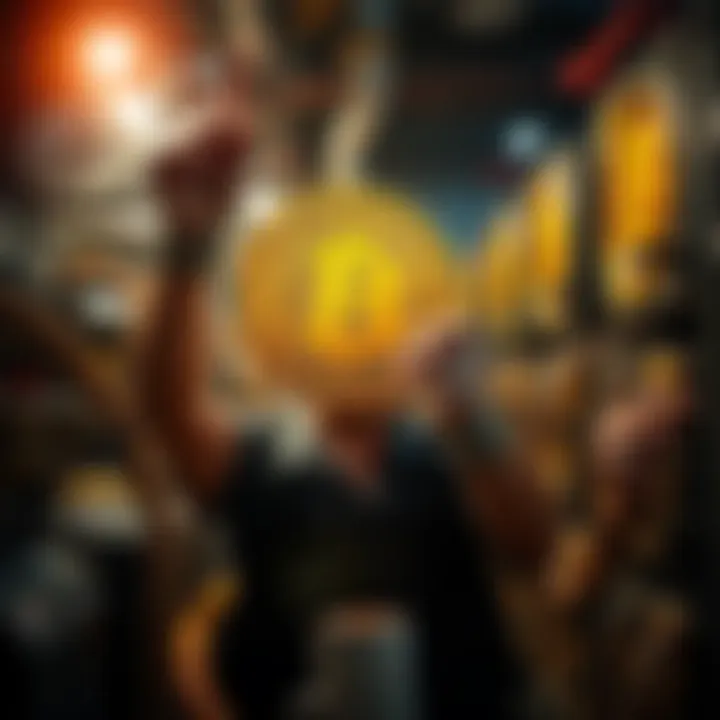 Solo miner with Bitcoin block A person celebrating the discovery of a full Bitcoin block, surrounded by mining equipment and digital graphics representing blockchain technology.