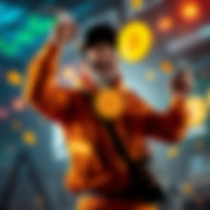 A solo miner celebrating after successfully mining a Bitcoin block, with a Bitaxe device in hand and Bitcoin graphics in the background.