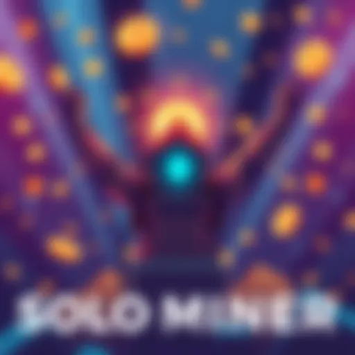 A graphic illustrating a solo miner celebrating a recent block mined with a high hashrate, surrounded by digital currency symbols, showing excitement in the mining community.