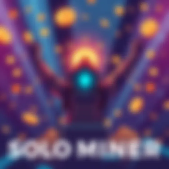 A graphic illustrating a solo miner celebrating a recent block mined with a high hashrate, surrounded by digital currency symbols, showing excitement in the mining community.