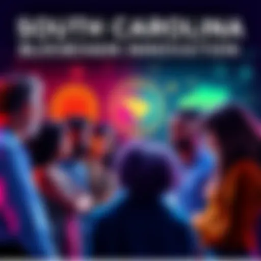 A group of diverse people discussing digital asset activities with symbols of blockchain and mining in the background.