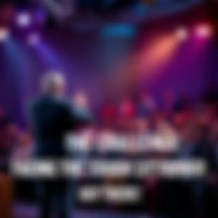 A speaker stands on stage looking out at an audience with crossed arms, showcasing a mix of skepticism and engagement.