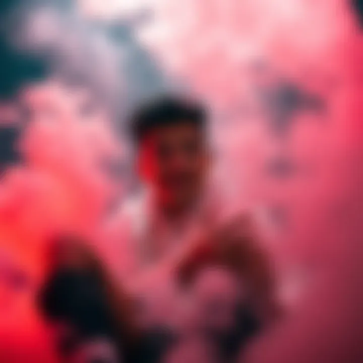 A young person with a playful expression, sitting in a room filled with clouds of smoke, while discussing rumors with friends.