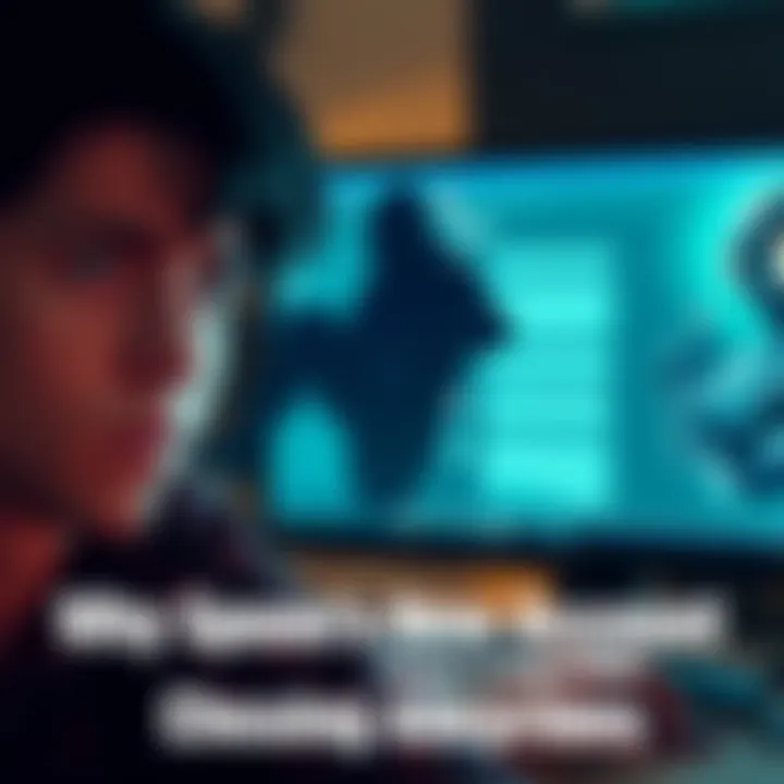 Spoon's New Account Drama A gamer looks frustrated at a computer screen showing cheating allegations in a chat. A shadowy figure lurks behind them, representing stalking issues.