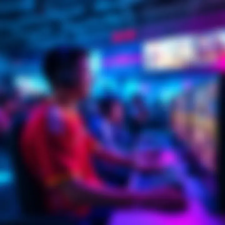 A gamer wearing a sports jersey competes in a video game tournament, surrounded by cheering fans and screens showing gameplay.