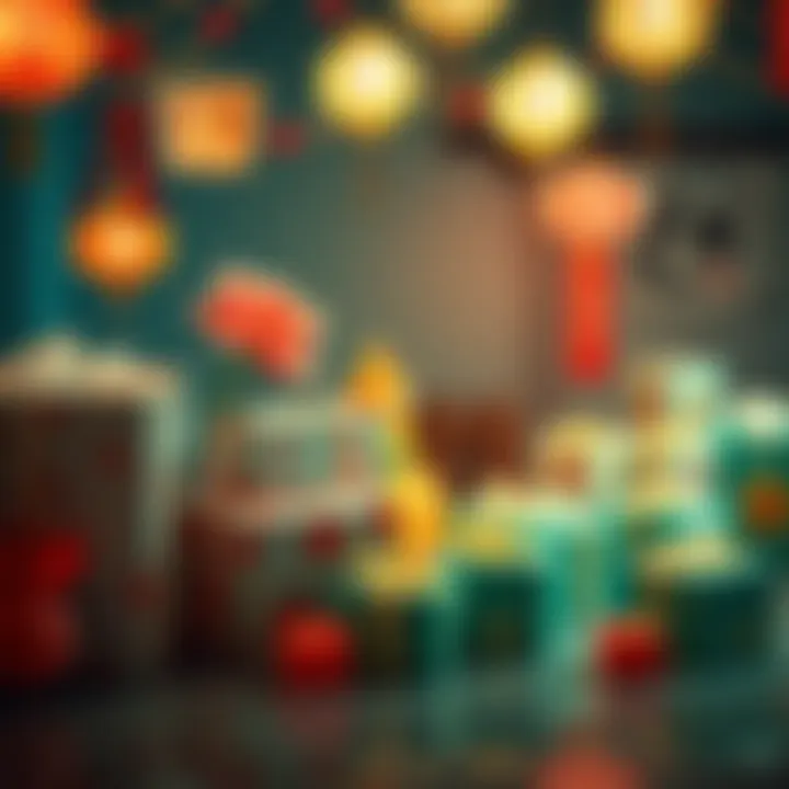 A collection of festive gifts and decorations for the Spring Festival, showcasing colorful packaging and joyful motifs.