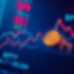 A stock market chart showing declining trends with symbols representing Bitcoin and government bonds.