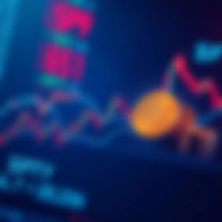 A stock market chart showing declining trends with symbols representing Bitcoin and government bonds.