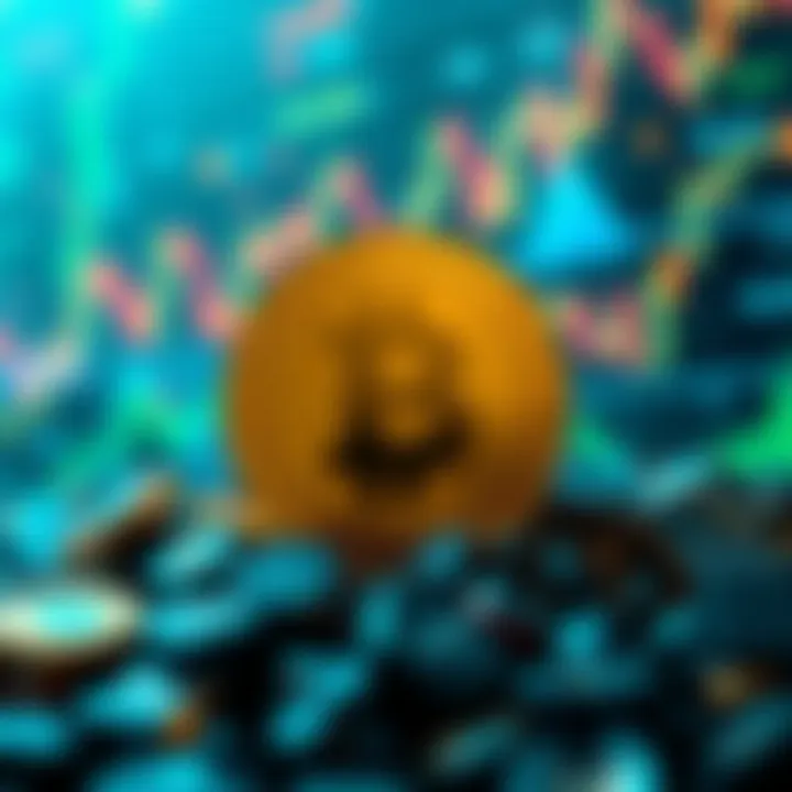 A stablecoin symbol stands out against a backdrop of fluctuating cryptocurrency charts and graphs, representing stability in a volatile market.