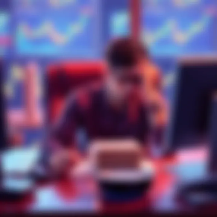 Stablecoin Off-Ramping Challenges A person sitting at a desk looking frustrated while trying to convert stablecoins into cash, with financial charts on the computer screen.