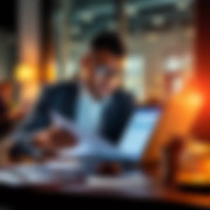 A business professional examines documents and a laptop displaying stablecoin information, emphasizing the importance of compliance and evaluation in financial partnerships.