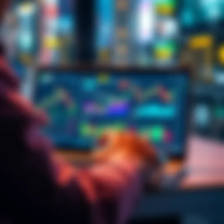 A person analyzing stablecoin trends on a laptop with charts and graphs showing price movements