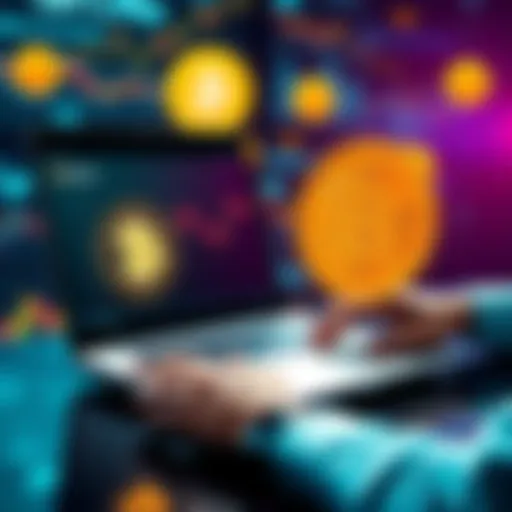 A person using a laptop to swap stablecoins for Bitcoin on a secure exchange platform, with digital currency symbols in the background