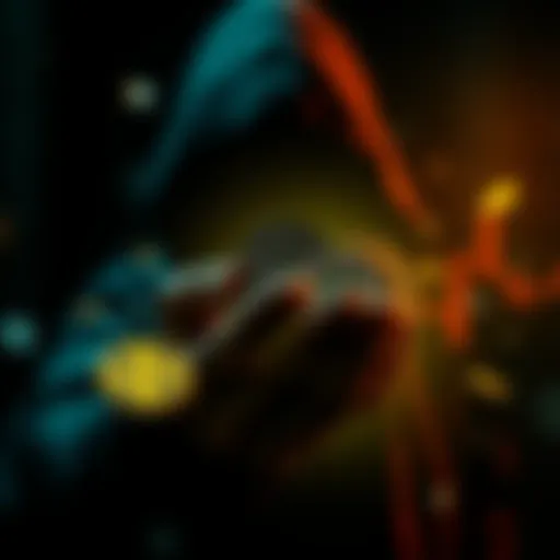 A shadowy figure holding digital coins with dark financial symbols around them, representing money laundering and crime