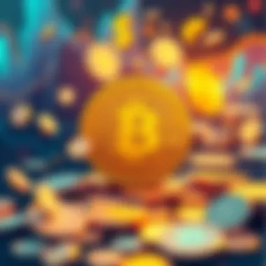 An illustration showing stablecoins represented as coins with a steady symbol, surrounded by fluctuating currency symbols to signify stability in crypto