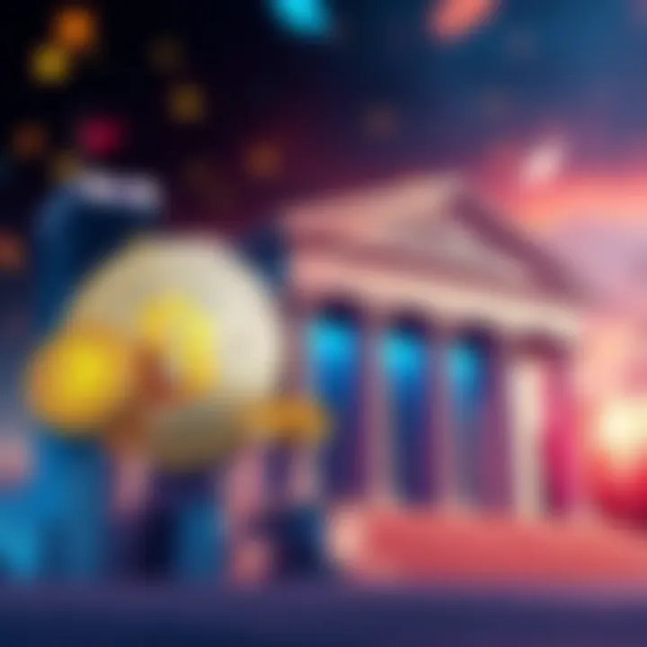 A visual comparison of stablecoins and traditional banking, showing digital coins alongside a bank building, with a focus on transparency and trust issues.