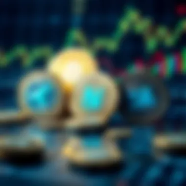A digital representation of stablecoins used in transactions, showing coins with various logos symbolizing stability, placed on a background of financial graphs and currency symbols.