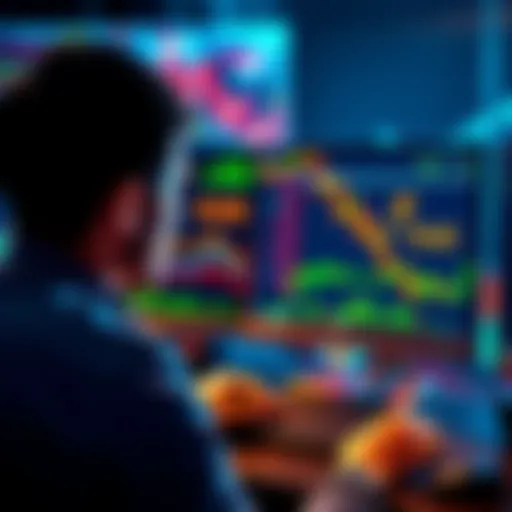 A person looking at a computer screen showing high yield numbers on stablecoins with financial charts in the background.