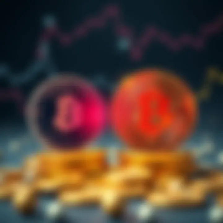 Stablecoins vs Bitcoin A graphic showing stablecoins and Bitcoin competing, with stablecoins on one side and Bitcoin on the other, representing their rivalry as store of value.