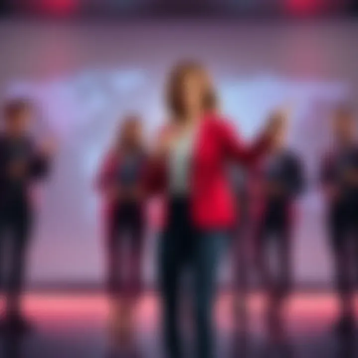 Staci stands confidently in front of her team, pointing towards a global map, symbolizing ambition and teamwork for Algorand's future success.
