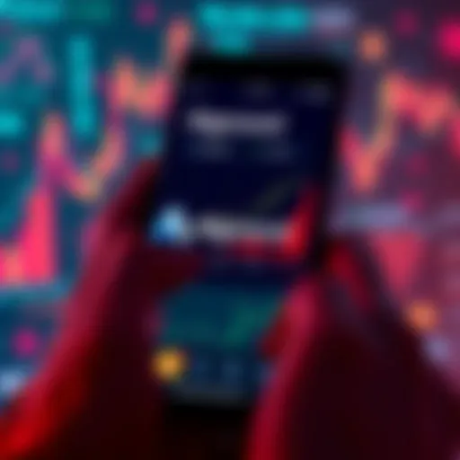 A person using a smartphone to manage Algorand staking on the Pera wallet app, surrounded by digital currency symbols and charts.