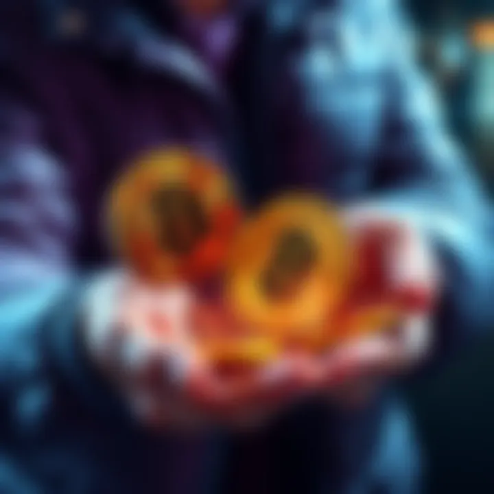 Person holding Bitcoin Cash coins with a growing interest graph