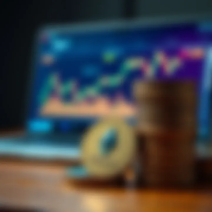 A close-up of Ethereum coins stacked on a desk, with a laptop showing a chart of gains and losses in the background.