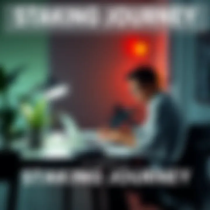 A person sitting at a desk with a laptop, surrounded by notes and a plant, focused on blockchain staking.