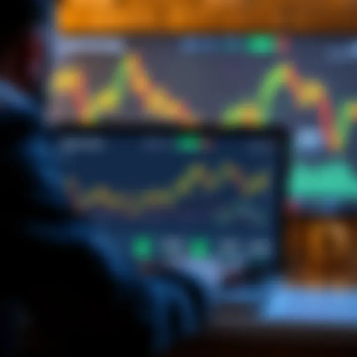 A person examining the Uphold exchange platform on a laptop with financial charts in the background, symbolizing staking safety and rewards.