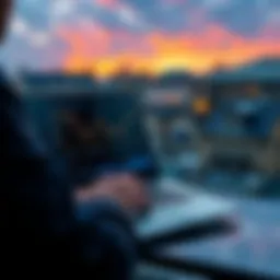 A person analyzing stablecoin options on a laptop, with graphs showing investment returns on the screen, set against a backdrop of European cityscape.