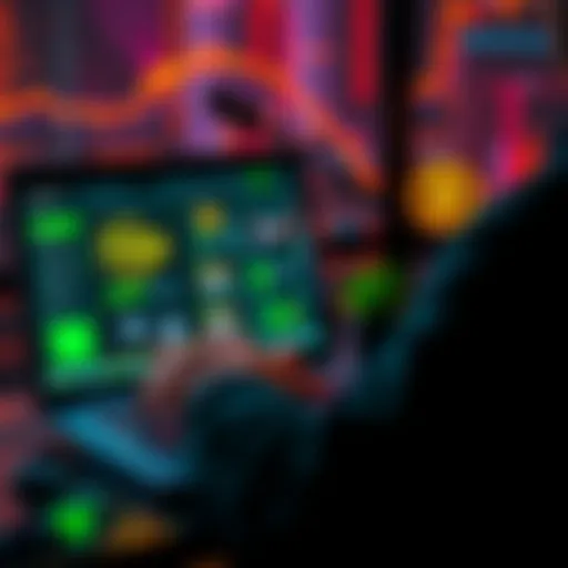 A person analyzing cryptocurrency staking options on a laptop, with TRX logo and rewards graphics on the screen.