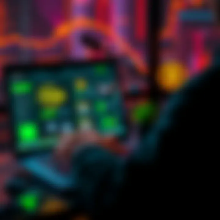 A person analyzing cryptocurrency staking options on a laptop, with TRX logo and rewards graphics on the screen.