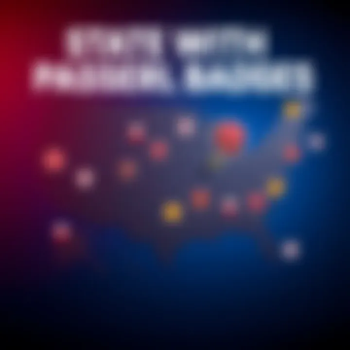 Map of the United States highlighting the state with the fewest passport badges and travel icons