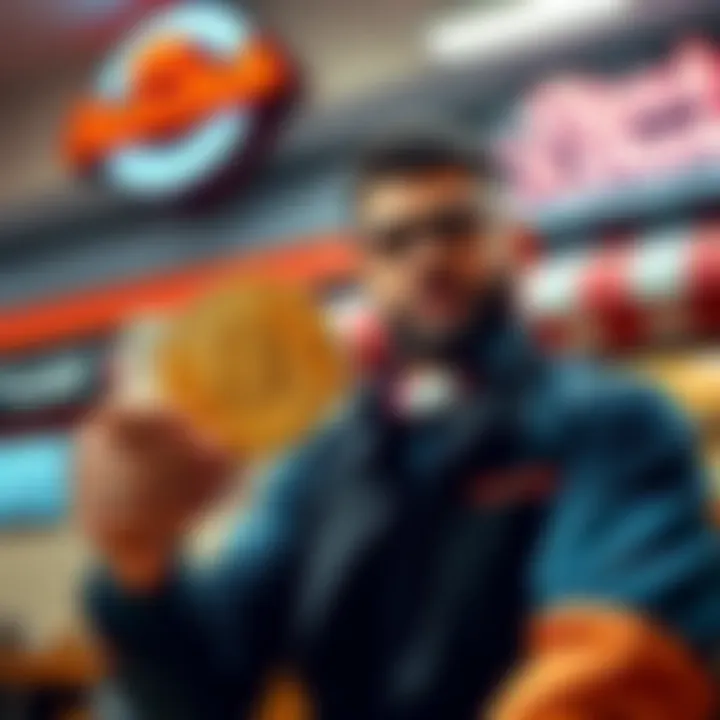 An employee at Steak n Shake receiving a Bitcoin bonus for hours worked, with a graphic of Bitcoin currency in the background.