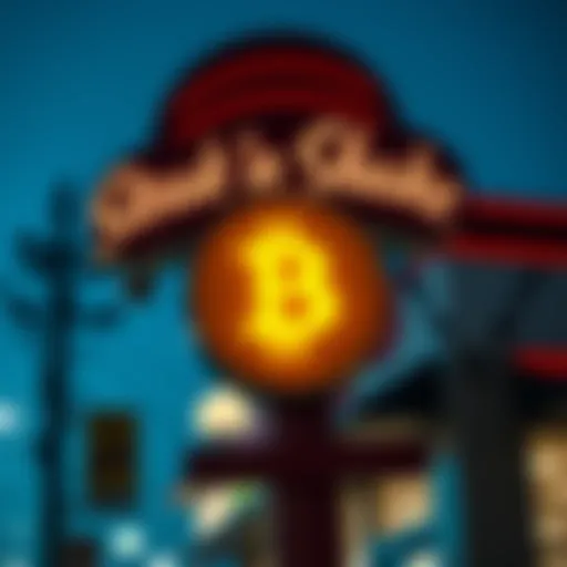 A Steak 'n Shake restaurant sign with a bitcoin symbol, showcasing the new payment option for customers.