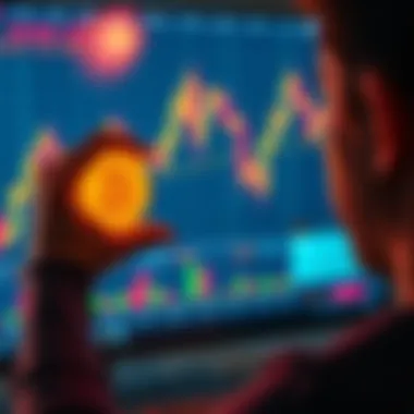 Sticking with Bitcoin A person holding a Bitcoin symbol while looking at a fluctuating crypto market graph on a screen, symbolizing resilience and focus in investment.