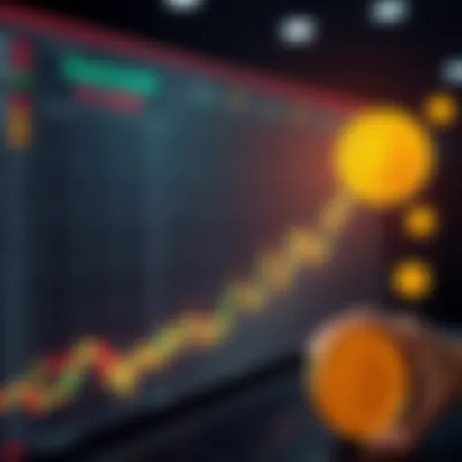 A stock market chart showing a sharp rise, depicting the confusion between Kura Sushi and Fujikura investments, with Bitcoin symbols in the corner illustrating its stability.