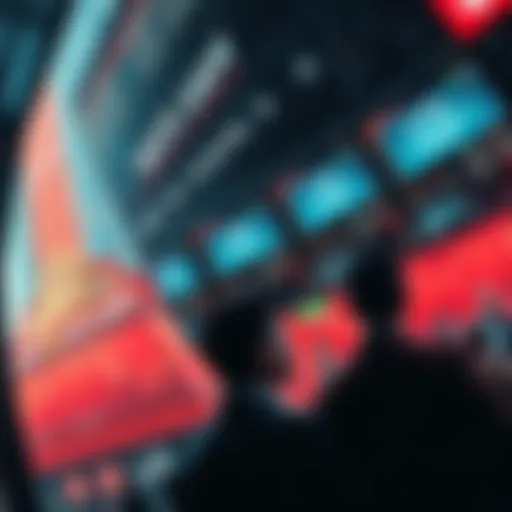 A chaotic stock market scene with falling prices and worried investors looking at screens