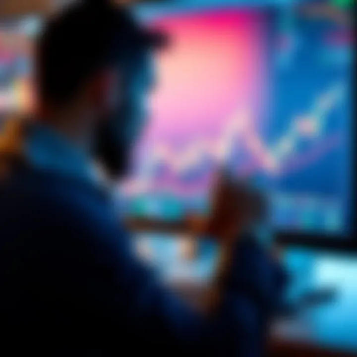 A person analyzing stock market trends on a computer screen, showing upward and downward graphs
