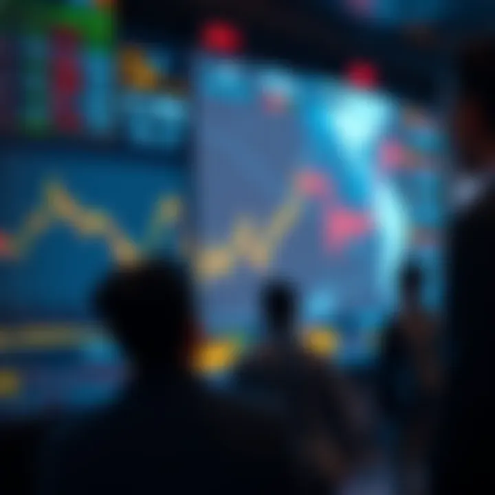 Graf showing a downward trend in stock prices with worried investors watching the screen