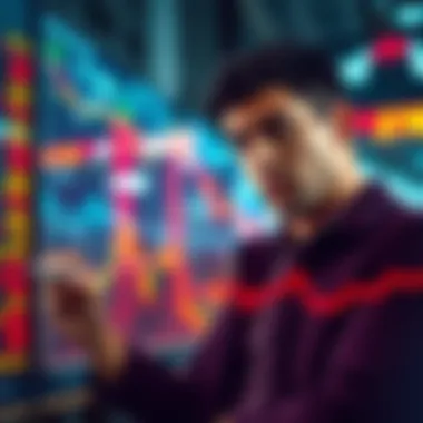 Stock Market Decision A person looking at stock charts with a concerned expression, contemplating whether to sell stocks now or wait for lower prices.