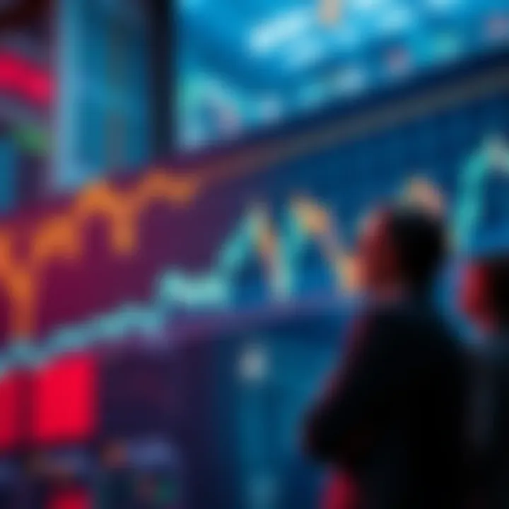 A graph showing a downward trend in the stock market with worried investors looking on.