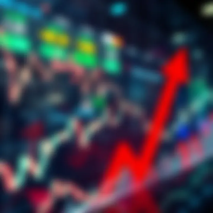 A graph showing a significant drop in stock prices with arrows indicating fluctuations.