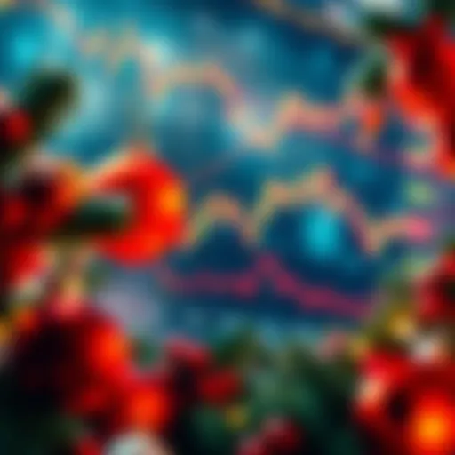 An illustration showing a stock market chart with Christmas decorations like ornaments and lights around it