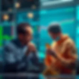 A split image showing a stock investor analyzing charts on one side and a crypto investor examining digital coins on the other.