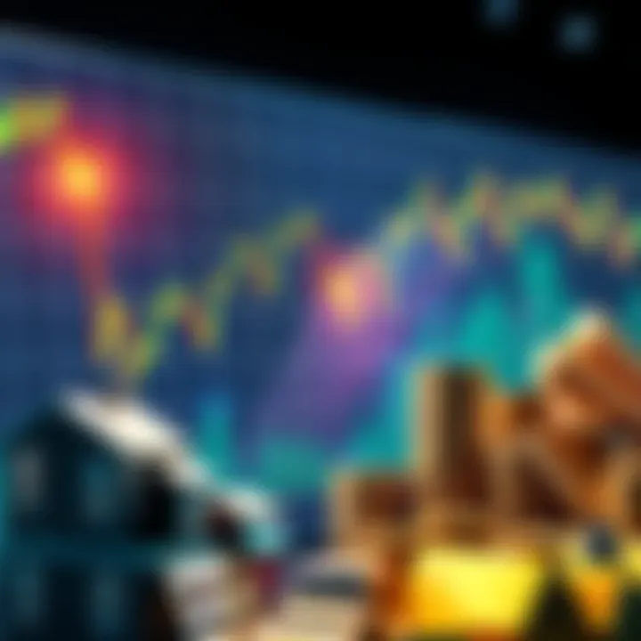 A visual comparison between stock market graphs and physical assets like real estate and gold, showing contrasting investment options